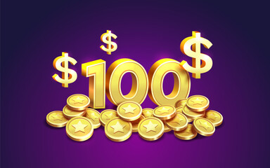 Cash back 100 dollar Percentage golden coins, financial save off. Vector illustration