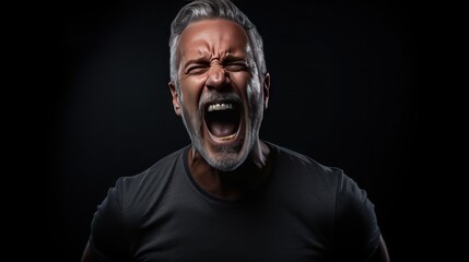 Portrait expression a grown man screaming in dark background. AI generated image