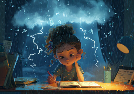 The student is focused on her lessons, with a thundercloud of thoughts overhead.