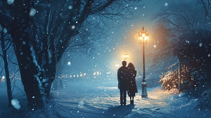 A romantic meeting under snow flakes that create a magical atmosphere - obrazy, fototapety, plakaty