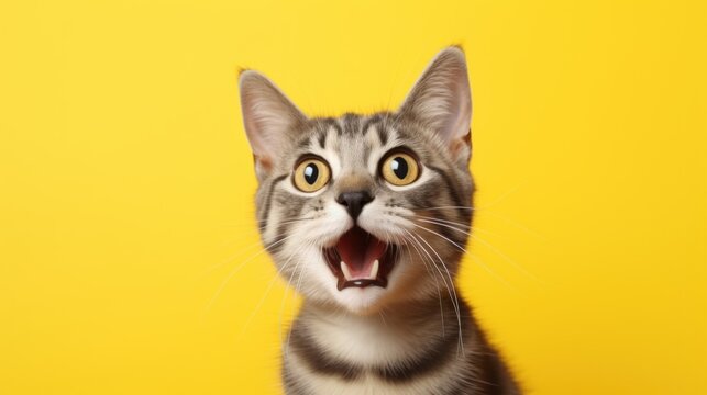 Portrait cute cat expression screaming on bright yellow background. AI generated image