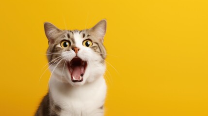 Portrait cute cat expression screaming on bright yellow background. AI generated image