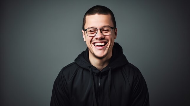 Portrait studio shot a man with Down syndrome who smiles happy every day. AI generated image