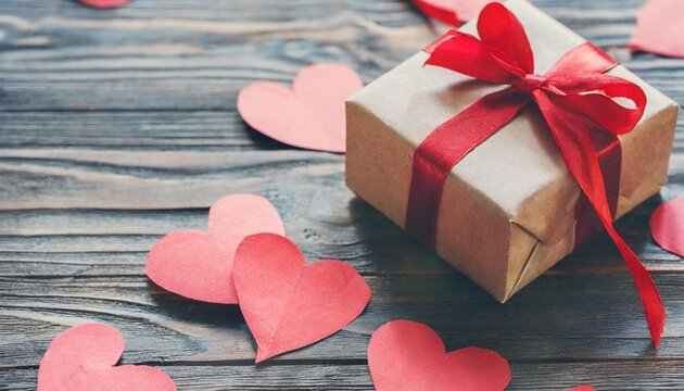 valentines day message with a gift box and paper hearts