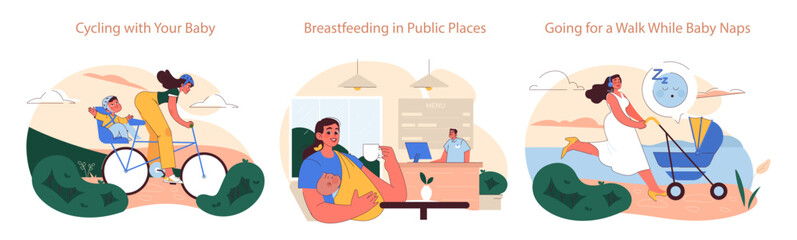 Active Motherhood set. Moms enjoying bike rides, breastfeeding in cafes, and strolling while babies nap. Healthy postpartum lifestyle.