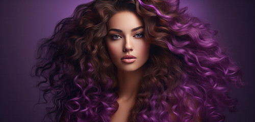 Fototapeta premium Woman with purple curly long healthy hair, Healthy Hair banner 