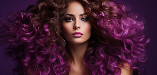 Woman with purple  curly long healthy hair, Healthy Hair banner 