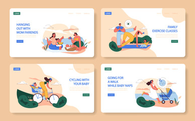 Fototapeta premium Dynamic Post-Pregnancy Life set. Moms bonding over picnics, families engaging in fitness, cycling with kids, strolling during baby naps. Joyful motherhood.