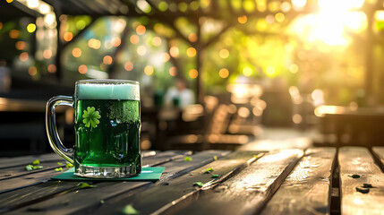 St Patrick's beer in the bar, aquamarine, outdoor scenes, romantic atmosphere, bokeh panorama. - obrazy, fototapety, plakaty