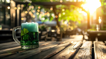 St patrick's day in Ireland day by the bar in the style of glass as material, bokeh, tabletop photography, photorealistic rendering, light indigo and green. - obrazy, fototapety, plakaty