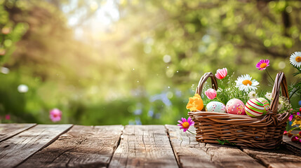 Easter basket in the background with eggs and flowers in it, in the style of light-filled landscape. 