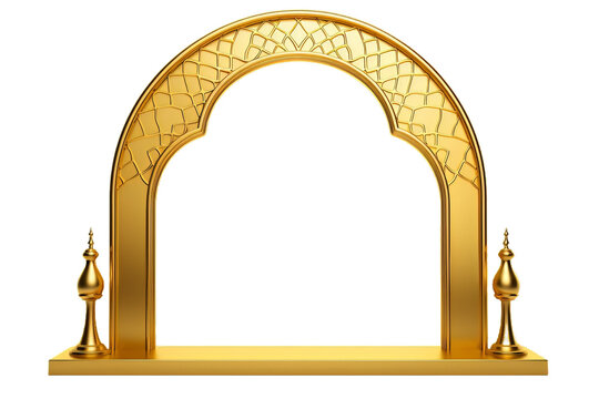 Arabic golden arch isolated on transparent background. 3D render Islam architecture shape for muslim holidays. Design elements door, frame, window. Realistic vector illustration. PNG. Ramadhan.
