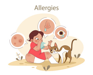 Allergies concept. A child experiences common symptoms around a cat, depicting health challenges in pet interactions. Flat vector illustration