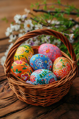 Fototapeta na wymiar Easter painted eggs in the basket on wooden rustic table