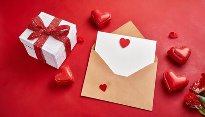 valentines day card mockup with envelope and gift box with heart on red paper background