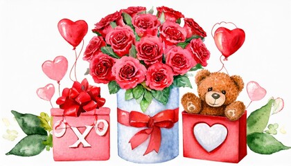 watercolor valentines day card romantic elements plush teddy bear big red rose bouquet in the box xoxo ballons elegant style hand drawn