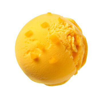 A scoop of mango ice cream isolated on a transparent background. Delicacy for children and adults. Orange ice cream ball as a design element.