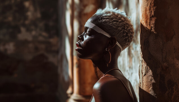 African beautiful woman with short white hair stands among the columns.
