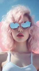 Fototapeta premium Woman with light pink hair and pink sunglasses, in the style of cloudcore. Minimal love and women's day idea