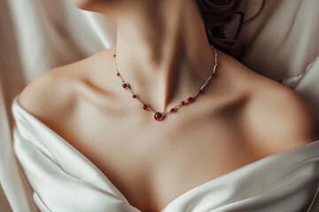 Woman wearing necklace with natural gem stones 