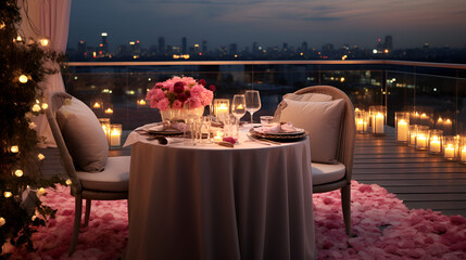 Twinkling lights, cityscape backdrop, and rose petals. Intimate sophistication captured in a soft glow against the twilight sky. Perfect for conveying enchantment and delicate beauty