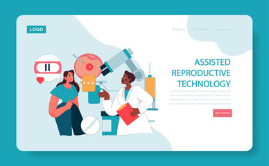 Assisted reproductive technology or ART web or landing. Doctor discussing IVF with a hopeful woman, showcasing ovary and medical instruments. Advanced fertility treatment. Flat vector illustration