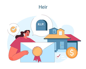 Heir. A woman is depicted with a certificate, symbolizing the legal recognition as an heir, alongside visuals of a house and coin, representing inherited assets. Flat vector illustration