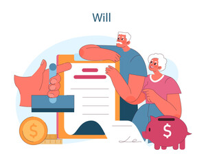 Will. An elderly couple reviews a legal document, signifying the importance of wills in estate planning and financial foresight. Flat vector illustration
