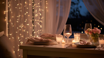 Magical intimate dinner: twinkling lights, scattered petals, white tablecloth. Capturing romance in the interplay of light, shadows, and elegant dinnerware - obrazy, fototapety, plakaty
