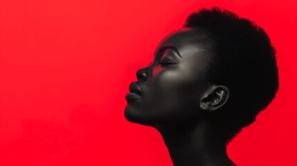Beautiful black woman in profile view. Side view of young African American female model with closed eyes on red background with copy space. Beauty, skincare, Black History Month concept. For banner