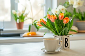 calendar with date 8 MARCH, flowers and cup on dining table. International Women's Day celebration