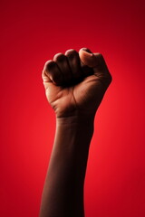 Raised fist of black man on a red background. Vertical photo of african american man fist close up with copy space for text. Unity, solidarity, protest, Black history month concept for banner, poster.