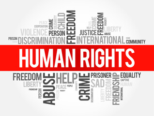 Human Rights are moral principles or norms for certain standards of human behaviour, word cloud concept background