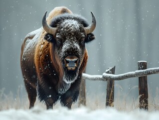 bison animal walking in winter