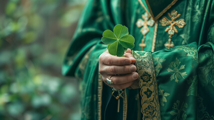Saint Patrick in green clerical vestments holding a shamrock for preaching, close-up. Holiday Saint Patrick's Day - obrazy, fototapety, plakaty