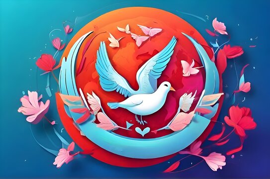Vector illustration of globe and doves birds for the concept of International Day of Living Together in Peace May 16. International Day of Peace September 21. No war. Symbol of Peace. Freedom concept