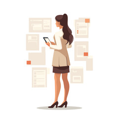A woman standing looking at her phone on a full-length white background, flat illustration
