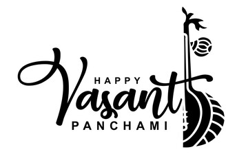 Happy Vasant Panchami lettering with Veena vector illustration.