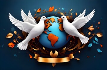 Vector illustration of globe and doves birds for the concept of International Day of Living Together in Peace May 16. International Day of Peace September 21. No war. Symbol of Peace. Freedom concept - obrazy, fototapety, plakaty