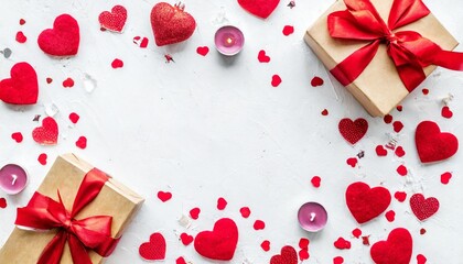 valentine s day frame made of gifts candles confetti on white background valentines day background flat lay top view copy space