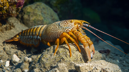 Observation of the underwater fauna of the Mediterranean Sea, a young lobster at the reef, a postcard or invitations for diving during your vacation and travel to the islands of the Aegean Sea.