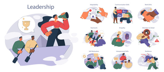 Soft skills set. Essential professional attributes like teamwork and resilience. Office and interpersonal abilities for success.