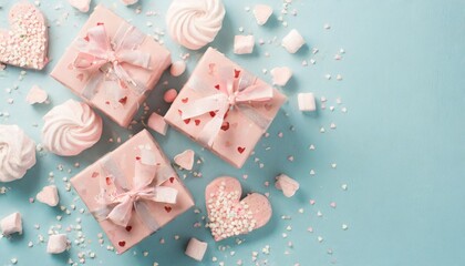 st valentine s day concept top view photo of pink gift boxes in wrapping paper with heart pattern marshmallow inscription love you and sprinkles on light blue background with blank space