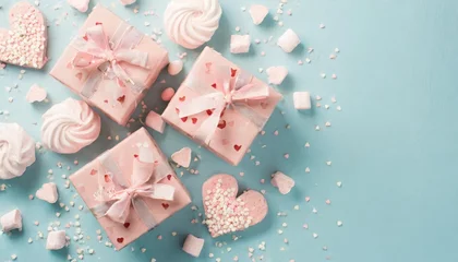 Fotobehang st valentine s day concept top view photo of pink gift boxes in wrapping paper with heart pattern marshmallow inscription love you and sprinkles on light blue background with blank space © Robert