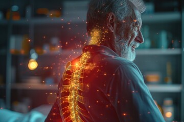 Back pain visualized in augmented reality, old man suffering from crippling back pain, chronic pain visualized as red lines shooting out of the spine. - obrazy, fototapety, plakaty