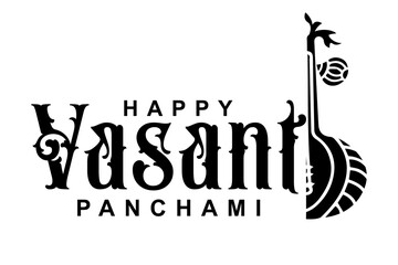 Happy Vasant Panchami lettering with Veena vector illustration.