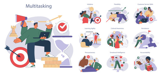 Soft skills set. Illustration of diverse characters displaying teamwork, emotional intelligence, and professional growth. Multitasking man anchors the concept.