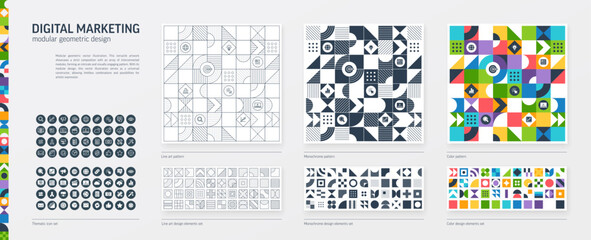 Digital Marketing Modular Geometric Design. Thin Line, Black, White and Color style Pattern. Communication Graphic Elements Set. Web, Network, Social Media Icon. Triangle, Square, Circle Forms.