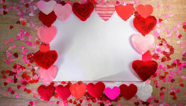 copy space in center of image surrounded by valentine hearts the colors are red and pink and there is room on the paper for a valentine s day message created with