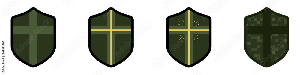 Poster shield with cross vector icon. military shield patch pattern. christian chaplain symbol icon vector.